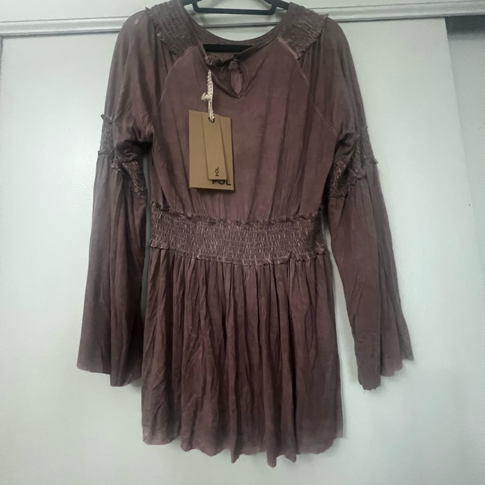 POL Brown/pink  Smocked V-Neck top with Bishop Sleeves